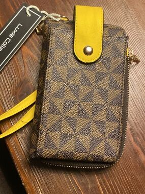 Luxie Brown Patterned Crossbody Wallet with Yellow Accent